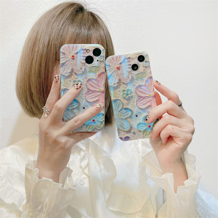 ภาพวาดสีน้ำมันวินเทจดอกไม้โทรศัพท์กรณีสำหรับ-iphone12-เคส-rhinestone-blu-ray-สำหรับ-iphone11promax-สีชมพูสีม่วงสีฟ้าสีเขียวภาพวาดสีน้ำมันดอกไม้กรณีโทรศัพท์สำหรับ-iphone13pro-เคสโทรศัพท์น่ารักสำหรับ-ip