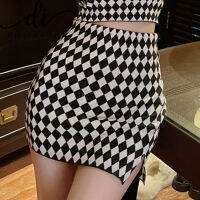 Dihui Women Suit Comfortable Cotton Retro Fashion Checkerboard Pattern V-neck Suspenders Camisole / Slit Skirt Sexy Leisure Clothes