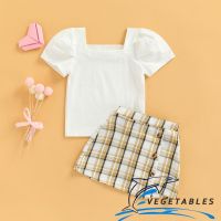 ZHY-Children Girls Short Skirt Suit Short Sleeves Square Neck Solid Color Tops Check Pattern Skirt