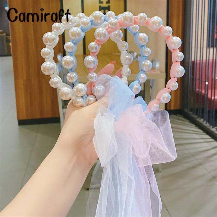 camiraft-ที่คาดผมแบบถักประดับโบว์สำหรับผู้หญิงหญิงสาว-ที่คาดผมเจ้าหญิงไข่มุกเกาหลีเครื่องประดับผมแฟชั่นน่ารักที่คาดผมสุดแสนสวยสำหรับ