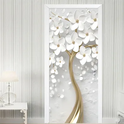 Self-Adhesive Door Sticker 3D Stereo White Flowers Mural Wallpaper Living Room Bedroom Home Decor Door Poster Waterproof Sticker