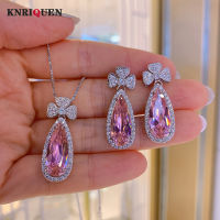 Charms 925 Sterling Silver 8*20mm Water Drop Pink Quartz Earrings Pendant Necklace for Women Romantic Wedding Party Fine Jewelry