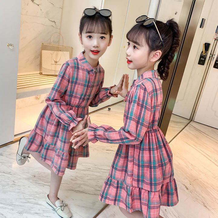 ชุดเดรสผ้าฝ้ายสไตล์เกาหลีสำหรับเด็ก-เสื้อเชิ้ตลายสก็อตคอปกพับลงเสื้อผ้างานเลี้ยงแขนยาวสไตล์อังกฤษ