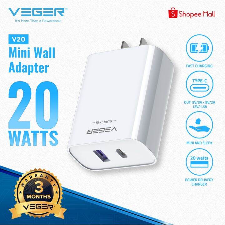 popular VEGER V20 Dual Wall Charger 20 Watts Type C USB PD Super Fast