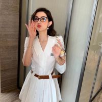 [FREE SHIPPING]MIU Small V Lapel Embroidered Letter Gold Buckle Waistband Decorative Hundred Pleated Short Sleeve Dress