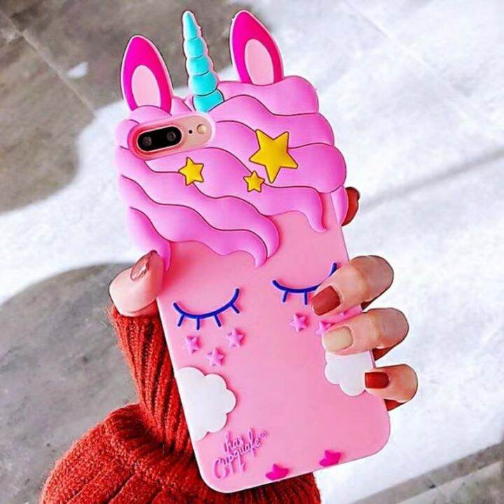 for iPhones 7 8 plus Case 3D Cartoon Pink Unicorn Soft Rubber