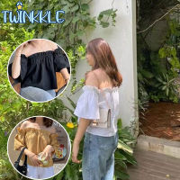 พร้อมส่ง  เสื้อครอปแขนสั้น  คอสี่เหลี่ยม  ใส่เป็นปาดไหล่ได้  แขนพอง  แฟชั่นฤดูร้อน  สําหรับผู้หญิง