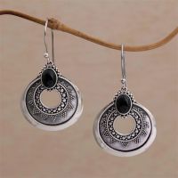 【YP】 Classic Oval Inlaid Stones Earrings Color Metal Round Hollow Carving Pattern Dangle Accessories