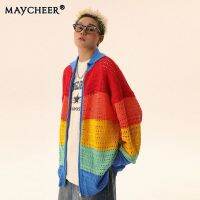 MAYCHEER   แจ็กเก็ตคาร์ดิแกนถักลายทางวินเทจเสื้อกันหนาวมีซิปลำลองทรงหลวมสำหรับสำหรับทั้งหญิงและชายฤดูใบไม้ร่วง