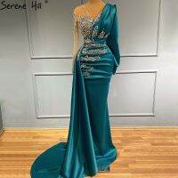 Serene Hill Green Mermaid Satin Evening Dresses Gowns  Muslim Elegant Beaded Luxury For Women Party LA71370