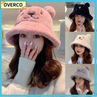 OVERCO หูหมีน่ารัก อบอุ่นและอบอุ่น หนาขึ้น ตุ๊กตาผ้านุ่ม หมวกอ่างน้ำ หมวกชาวประมงหมวก หมวกถังขนสัตว์