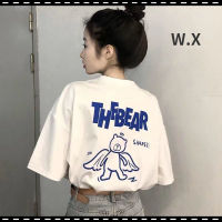 WX เสื้อยืดหมีของผู้หญิง,เสื้อคอกลมสีขาวทรงหลวมพิมพ์ลายใหม่ฤดูร้อนปี2022