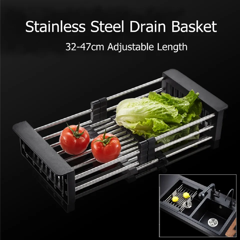 1PC Stainless Steel Adjustable Telescopic Kitchen Over Sink Dish Drying Rack  Insert Storage Organizer Fruit Vegetable Tray Drainer