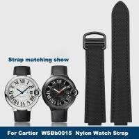 สายนาฬิกาไนลอนสำหรับ Cartier บอลลูนสีฟ้า WSBB0015สายรัดข้อมือ16*8มม. 18*11มม. 20*12มม. สายนาฬิกาสีดำพร้อมตัวล็อคแบบพับได้