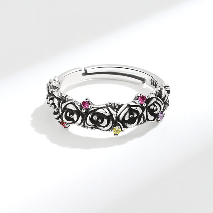 แหวนเงินผสมเพทายสีแฟชั่นแกะสลักด้วยมือ-s999การออกแบบเปิดของสเตอร์ลิงเงินผู้หญิงไม่แหวนสีซีดกับดอกพีชเพื่อความสงบสุข