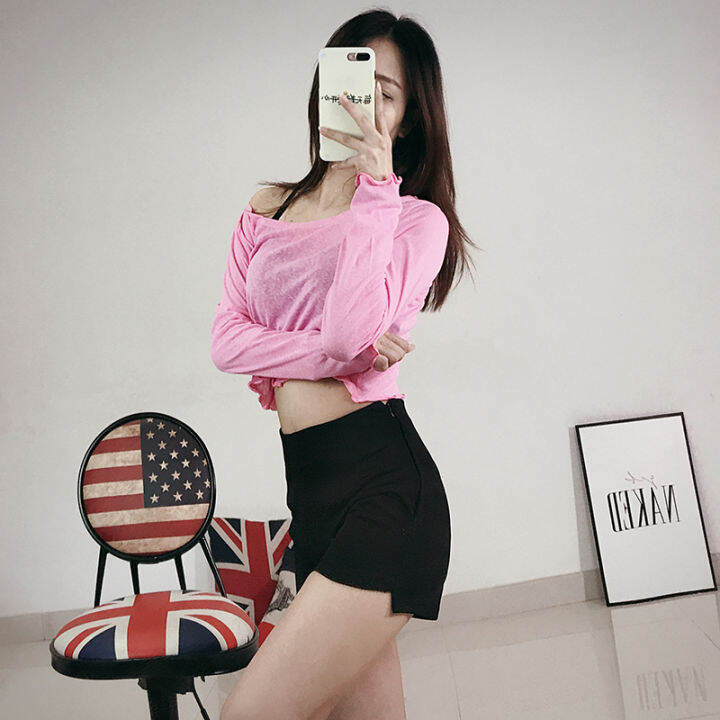 Jazz dance performance Longsleeved navelexposed Tshirt front short back long slim elastic