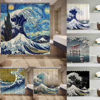 Shower Curtain Waterproof Mildew Proof Star Night Pattern Japan Ukiyoe Print Shower Curtain Bathroom Waterproof Curtain