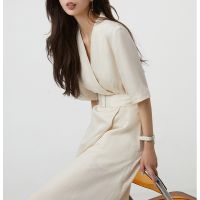 【YF】 2023 New V-Neck Slim Waist Dress with Belt Womens Half Sleeve Temperament Linen Silk 50  Vintage