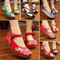 Hot sale℗□☽Ethnic style flat embroidered cloth shoes women retro low-cut round toe canvas ladies single shoes shallow mouth non-slip casual women s shoes