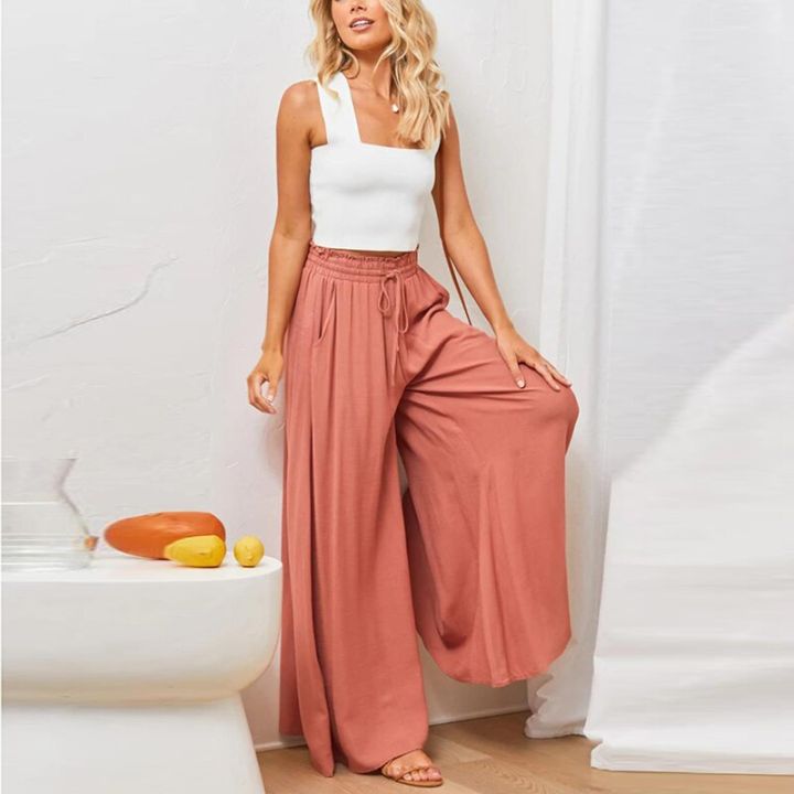 2023-summer-autumn-casual-women-pants-elastic-waist-drawstring-pocket-long-trousers-lady-beach-style-wide-leg-pants