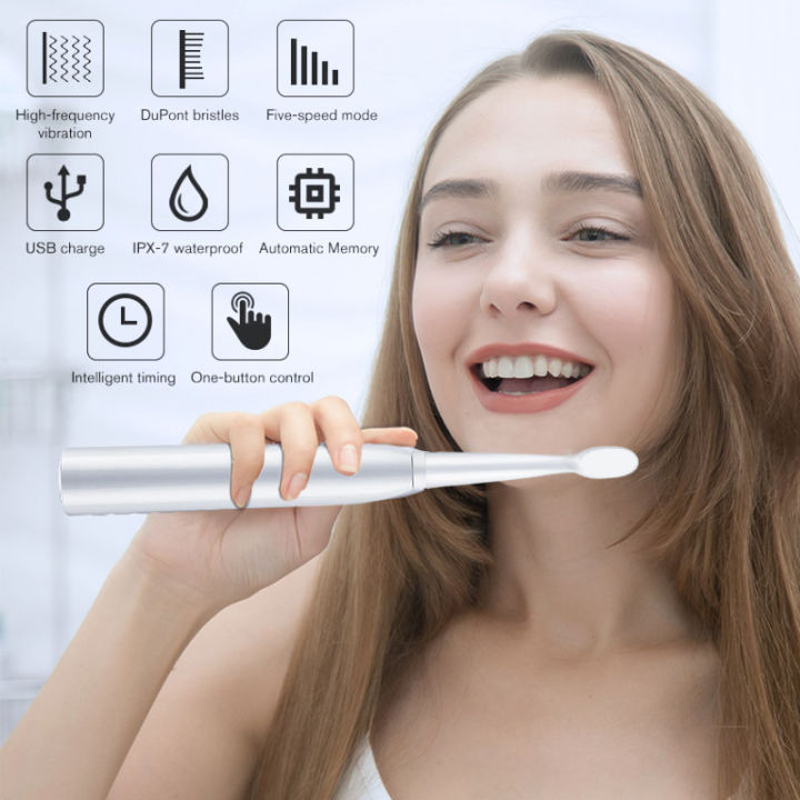 แปรงสีฟันไฟฟ้าพลังคลื่นเสียง-5โหมด-usb-อัจฉริยะชาร์จได้จับเวลากันน้ำแปรงสีฟันอัลตราโซนิคขาว