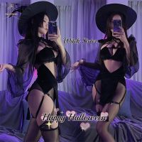 SENMHS Witch Cheongsam Women Cosplay Costume Hollow Puff Sleeve Demon Game Dress Bandage Sexy Lingerie Halloween Uniform