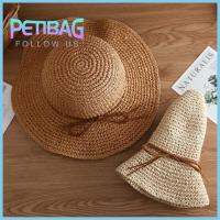 PETIBAG โบว์น๊อต สำหรับผู้หญิง ปีกกว้างกว้าง หญิง Chapeau ป้องกันรังสียูวี หมวกกันแดดหมวก หมวกฟางใยปาล์มชนิดหนึ่ง หมวกชายหาดหมวก หมวกสำหรับฤดูร้อน