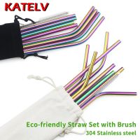 Metal Drinking Straw 304 Stainless Steel Colorful Straws Reusable Bent Straight Straw Set With Cleaner Brush Bar Party Accessory Specialty Glassware