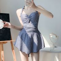 2023 Korea Style Women One Piece Swimsuit Conservative Plaid Cover Belly Padded Swimwear Skirt Holiday Beachwear