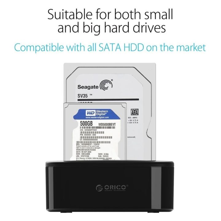 orico-แท่นวางมือถือฮาร์ดไดรฟ์แบบ-dual-bay-สำหรับ-sata-เป็น-usb-ฮาร์ดดิสก์-ssd-2-5-3-5นิ้วแท่นวางมือถือแท่นอุปกรณ์เชื่อมต่อฮาร์ดดิส3-0พร้อมอะแดปเตอร์ไฟ12v3a