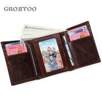 （Layor wallet）  GROJITOO หนังแท้คนกระเป๋า Trifold กระเป๋าสตางค์ผู้ชายบ้าม้าน้ำมันขี้ผึ้งหนังกระเป๋าสตางค์กระเป๋าบัตรวินเทจกระเป๋าความจุขนาดใหญ่