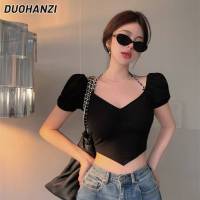 DUOHANZI เสื้อยืดหลังสั้นด้านหลังเสื้อเชิ้ตสีดำด้านหลังสวยแขนสั้น