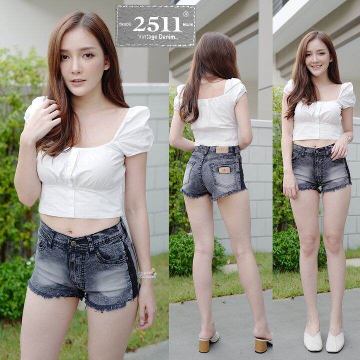 ถูกสุดๆ-2511-jeans-by-araya-กางเกงขาสั้นผู้หญิง-กางเกงยีนส์ขาสั้น-ผญ-กางเกงยีนส์ขาสั้น-ผ้ายืด-ฟอกสีดำสโนแถบแต่งปลายลุ่ย-เข้ารูป-ทรงสวยเป๊ะเว่อร์-เอวสูงใส่สบาย-แบรนด์2511-jeans