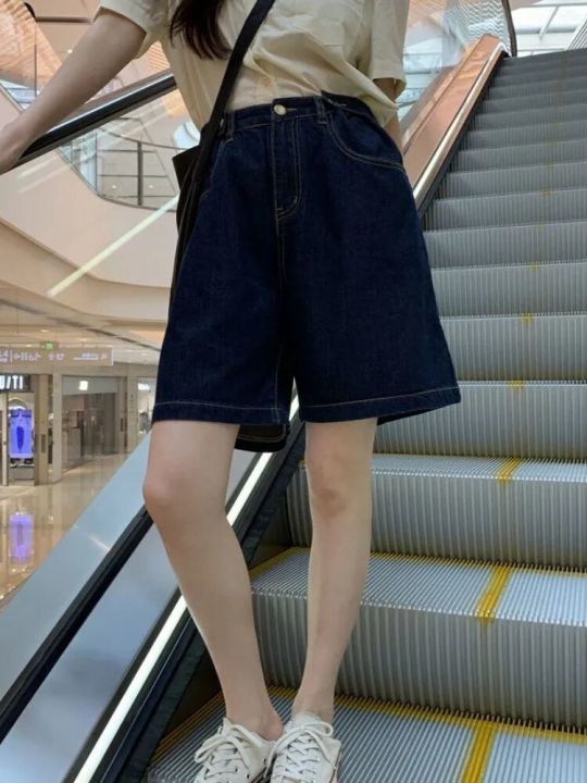 กางเกงยีนส์ขาสั้นทรงฮาราจูกุสำหรับผู้หญิง-กางเกงยีนส์สตรีทแวร์สไตล์เกาหลีกางเกงขาสั้นยีนส์ขายาวเข่าฤดูร้อนกางเกงขายาวขาตรง2022