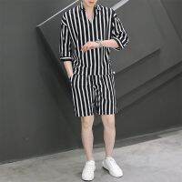 【hot seller】 suit mens striped 2022 new loose trendy three-quarter sleeves with two-piece set