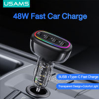 USAMS 120W Car Charger โปร่งใส Digital PD + QC3.0 Car Charger 12V-24V 2 USB + Type-C Car Charger Port Adapter สำหรับ IP12 12pro Max 12Mini 11 11 X Xs 8 7 Pro /Samsung Note 10 10 Plus/xiaomi/huawei