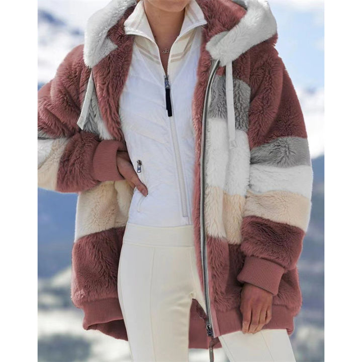 winter-women-jacket-new-warm-plush-patchwork-zipper-pocket-stitching-hooded-plaid-faux-fur-retro-long-sleeve-top-coat-outwear