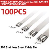 304 Stainless Steel Cable Ties 100PCS Width 10mm 12mm X100~800mm Banding Self-locking Zip Ties Loop Wire Multifunctional Cable Management