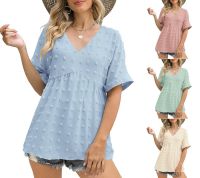 [COD] Cross-border European and womens 2023 summer new V-neck loose pleated mid-sleeve chiffon top