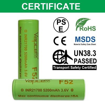 ถ่านชาร์จ Vapcell F52 ขนาด 21700 5200 mAh 3.6V ก้อนสีเขียว ของแท้