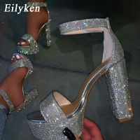 Eilyken Silver Glitter Crystal Rhinestone Women Sandals Classic Velcro Tape Square High Heels Wedding Banquet Fashion Shoes