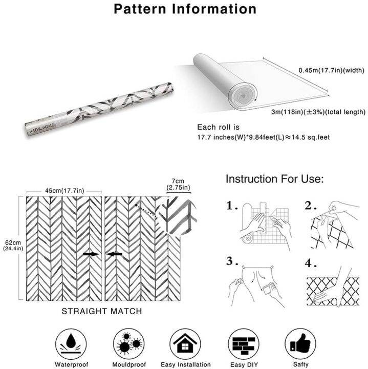 wokhome-วอลล์เปเปอร์ติดลอกออกได้แบบทันสมัยลายทางสติ๊กเกอร์แปะผนังเฮอร์ริงโบนสีดำไวนิลสีขาวติดด้วยตนเองวอลเปเปอร์ตกแต่งผนัง