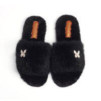 Fluffy Slippers Female Fashion Faux Fur Slides Butterfly Decor Fur Sandals Designer Flip Flops Fall Cozy Slippers Casual Shoes