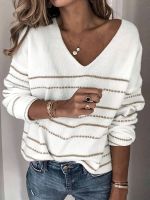 xixibeauty Striped Pattern V Neck Pullover Sweater, Casual Long Sleeve Sweater For Fall &amp; Winter, Womens Clothing