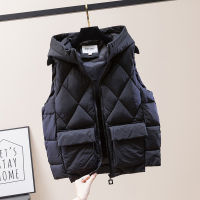 2021 Womens Winter Short Vest Solid Korean Style Sleeveless Hooded Thick Jacket Female Cotton Padded Casual Outwear