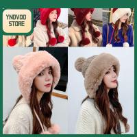 YNDVQO STORE สำหรับผู้หญิง หนาขึ้น กันหนาว หมวกปอมปอม หมวกถักนิตติ้ง หมวกบีนนี่ขนเทียม ฤดูหนาวที่อบอุ่น