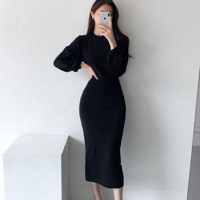 ONALIPPA Dress  Autumn Korean Chic Minimalist Temperament Versatile Round Neck Waist Slimming Puff Sleeve Bottoming Vestidos