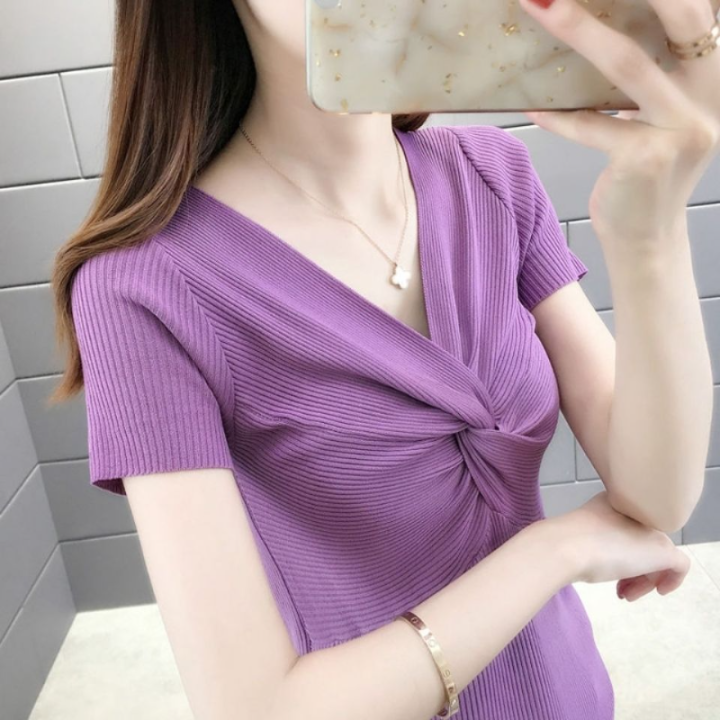เสื้อถักสตรี2022ฤดูร้อนใหม่คอ V แขนสั้นเสื้อยืดสตรี Underlay ผ้าไหม ...