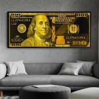 Golden Dollar Franklin Money Art 100 Dollar Canvas Painting Posters and Prints Canvas Painting Art for Living Room Wall Decor