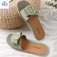 EKS SHOP，sandals，flip flop ขายร้อนรองเท้าแตะสแควร์หัวเข็มขัดที่ทันสมัยรองเท้าแตะขี้เกียจด้านล่างนุ่มสบายรองเท้าแตะแบนด้านล่างลื่นขนาดปกติ 36-40